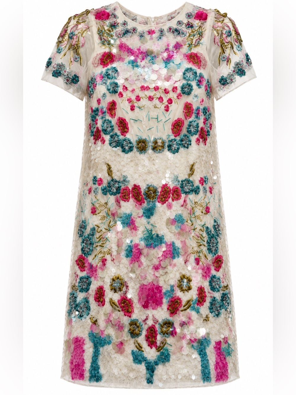 Frances Valentine Camille Sequin Floral Tulle Cocktail Dress Oyster L NWT